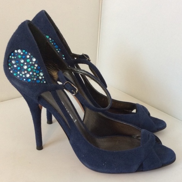Casadei Peep Toe Navy Jeweled Heels